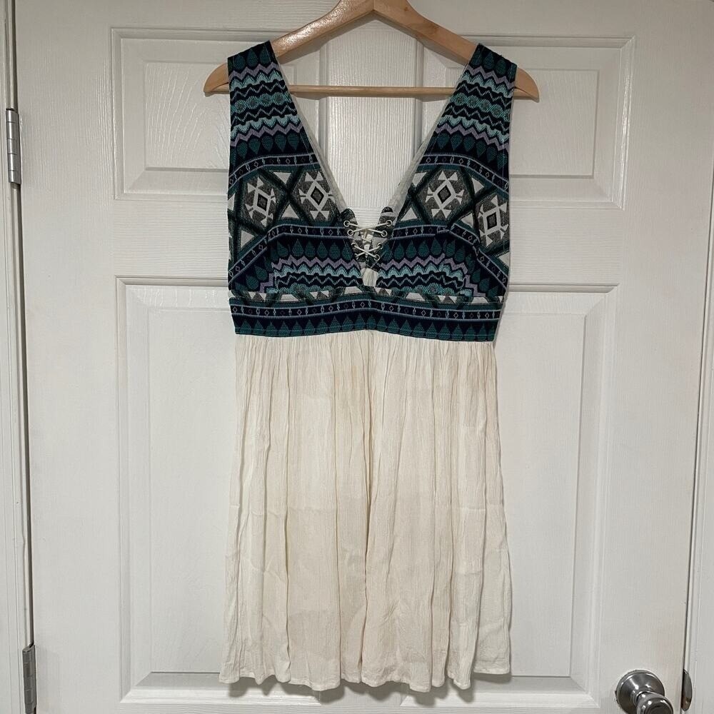 Atmosphere Deep V Open Back Lace Up Short Boho Hippie Tank Casual Dress 8 M